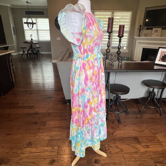 NWT Peach Love Dress Size Small Pink Blue White Floral Smocked Ruffle Maxi Midi - Picture 8 of 16